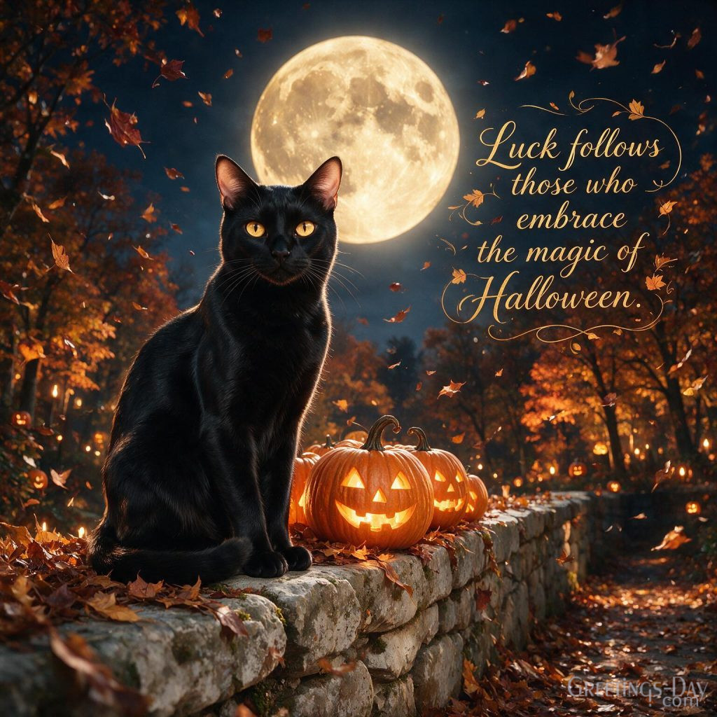 Halloween quotes image with black cat, glowing pumpkins, full moon, and magical Halloween quote
