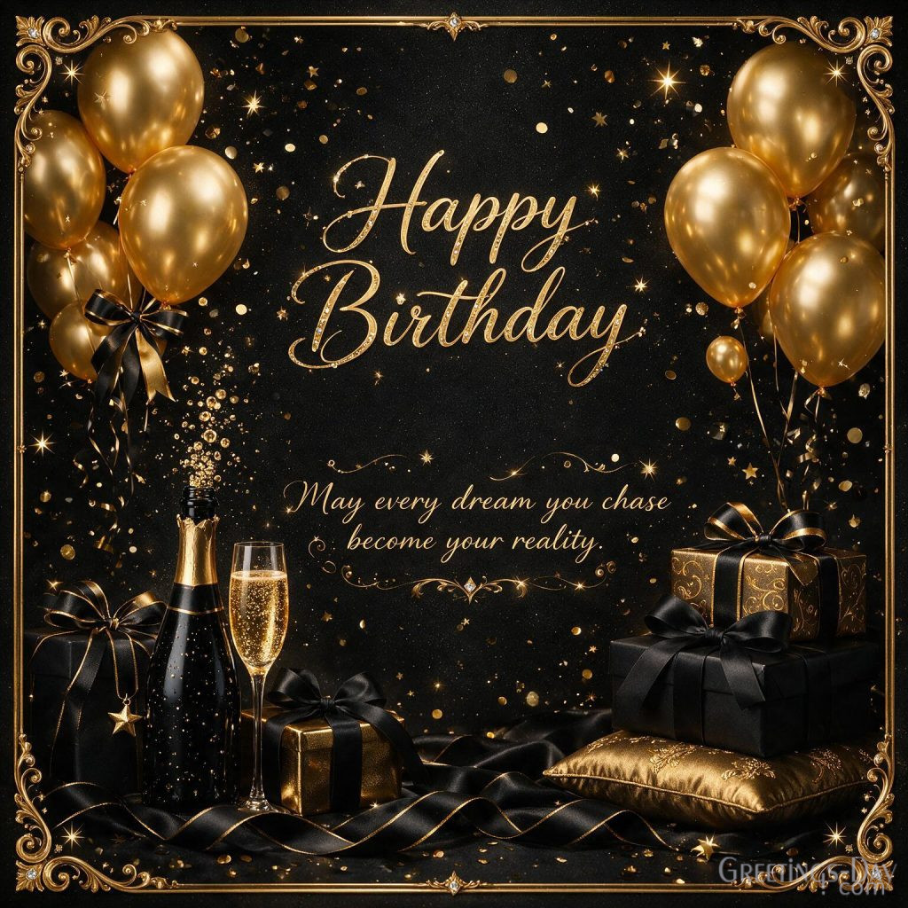 Elegant Birthday celebration image with gold ribbons and champagne sparkle displaying 