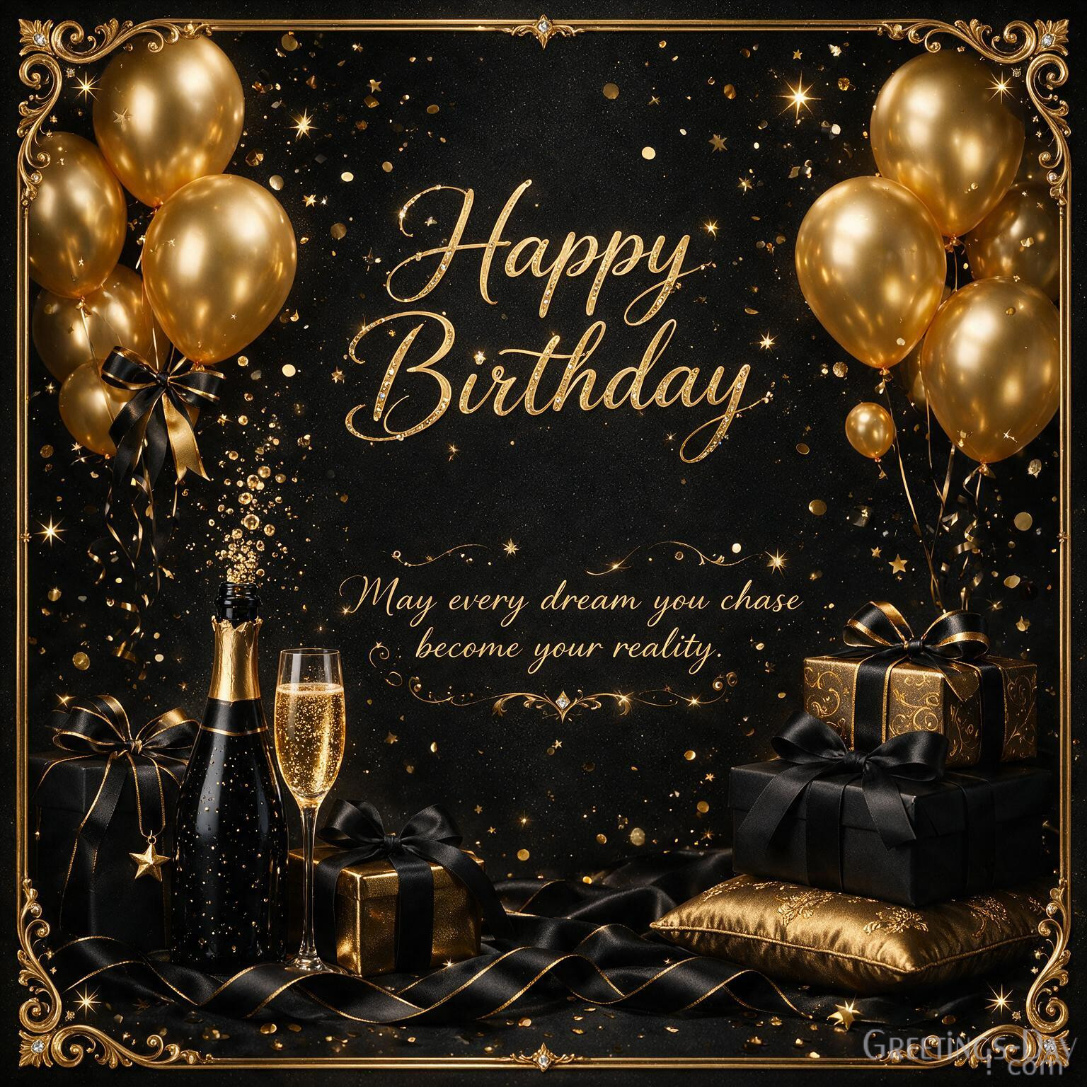 Elegant Birthday celebration image with gold ribbons and champagne sparkle displaying "Celebrate Your Birthday. Wishing you success, happiness, and unforgettable memories."