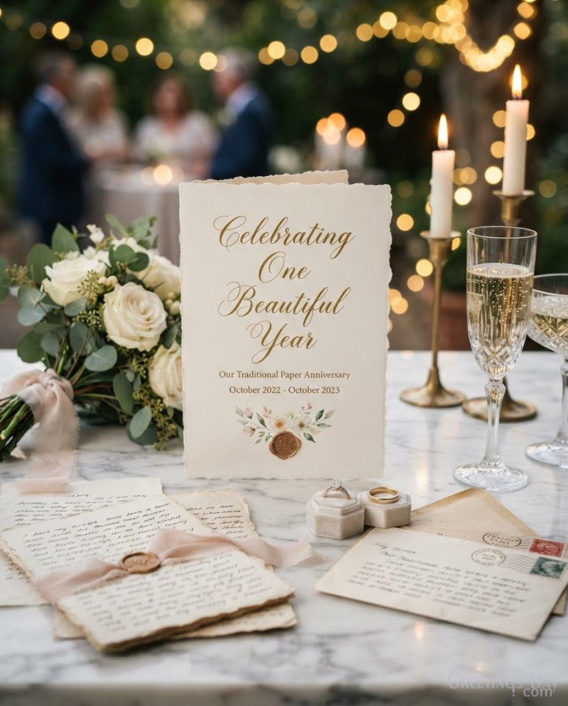 Luxury First Anniversary image inspired by the paper anniversary featuring Celebrating One Beautiful Year message.