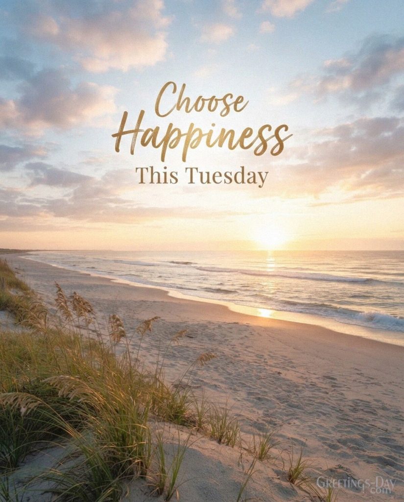Inspirational Tuesday image with a serene beach sunrise and gentle ocean waves featuring the positive message “Choose Happiness This Tuesday.” with the text 