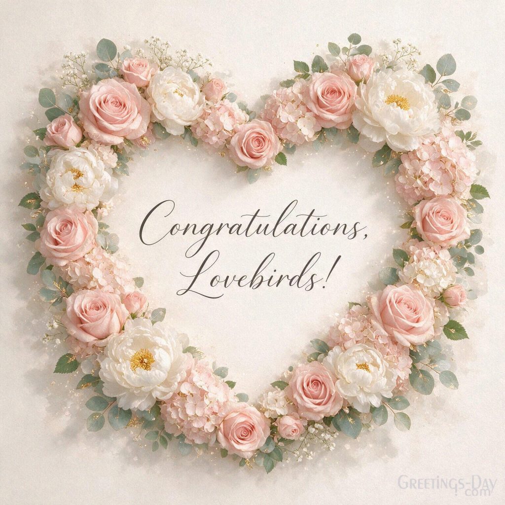 Beautiful floral wedding card with a heart of roses and peonies featuring the message “Congratulations