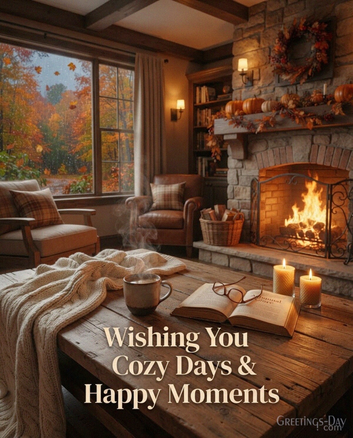 Cozy autumn wishes image with fireplace