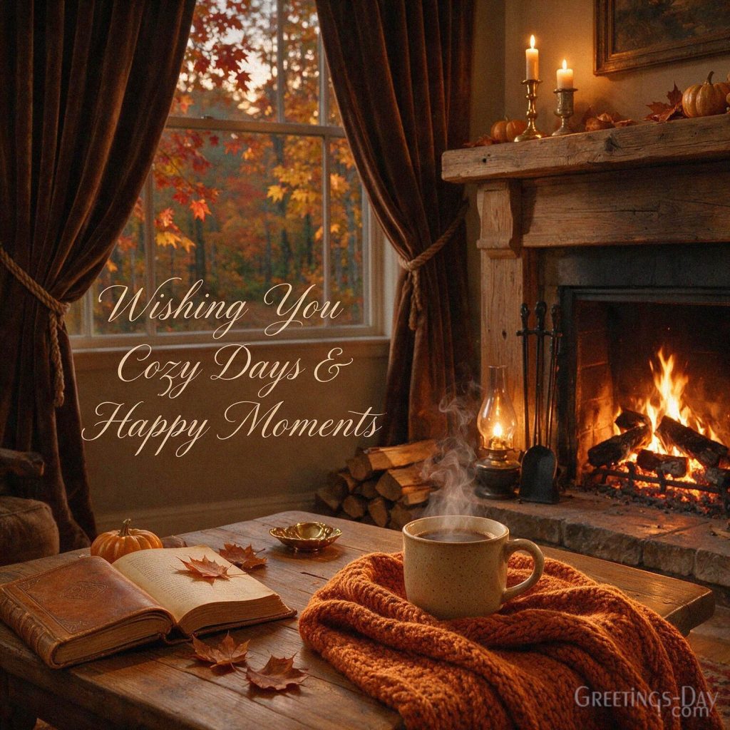 Cozy fall greeting image with coffee and a warm fireplace featuring “Wishing You Cozy Days & Happy Moments.” with the text 