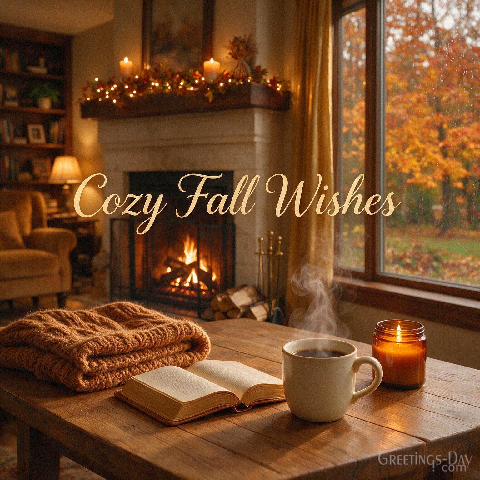 Cozy Fall Wishes image with a glowing fireplace