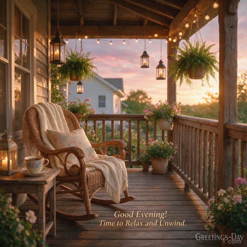 Cozy Good Evening image with a steaming cup of coffee on a warm sunset porch and the words “Good Evening! Time to Relax and Unwind.” with the text 