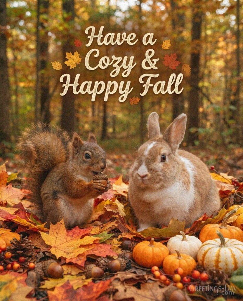 Cute fall image with a squirrel and rabbit in a colorful autumn forest featuring “Have a Cozy & Happy Fall.” with the text