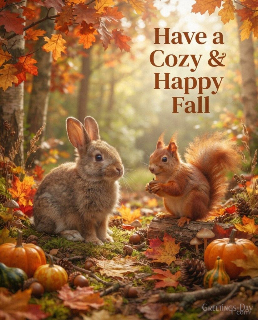 Cute fall wishes image with a squirrel and rabbit in a golden woodland setting featuring “Have a Cozy & Happy Fall.” with the text 