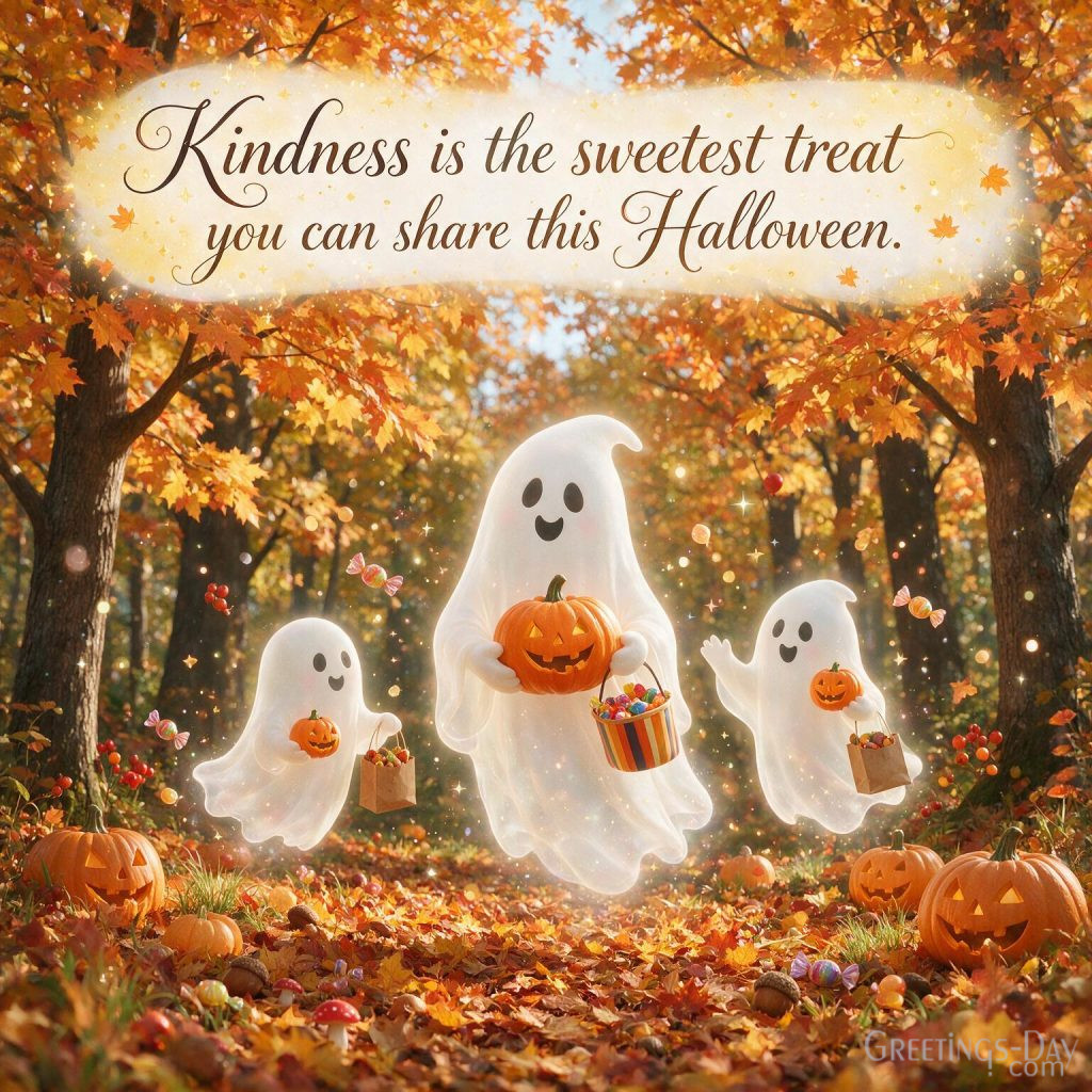 Cute Halloween quotes image with smiling ghosts, glowing pumpkins, fairy lights, and inspirational Halloween message