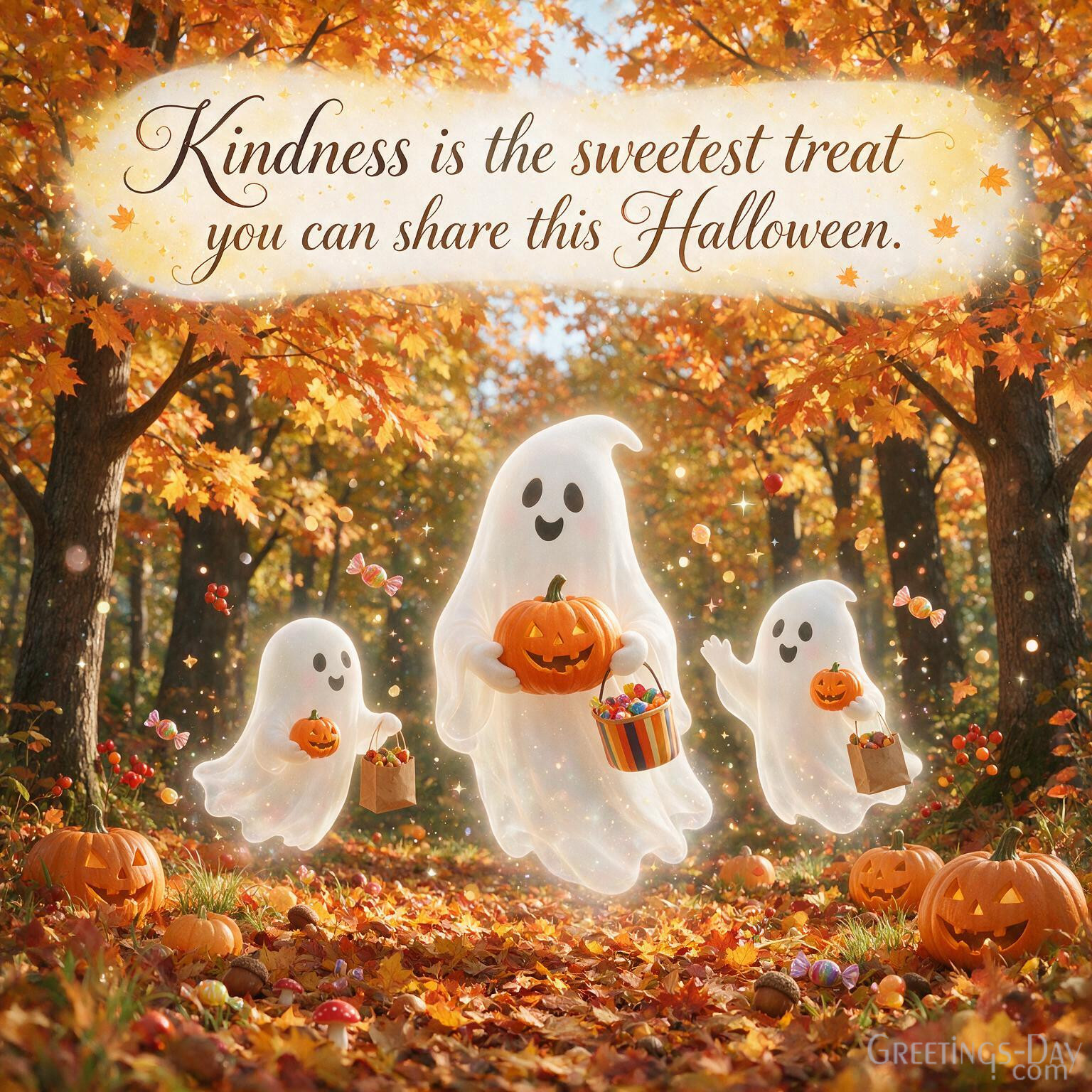 Cute Halloween quotes image with smiling ghosts, glowing pumpkins, fairy lights, and inspirational Halloween message