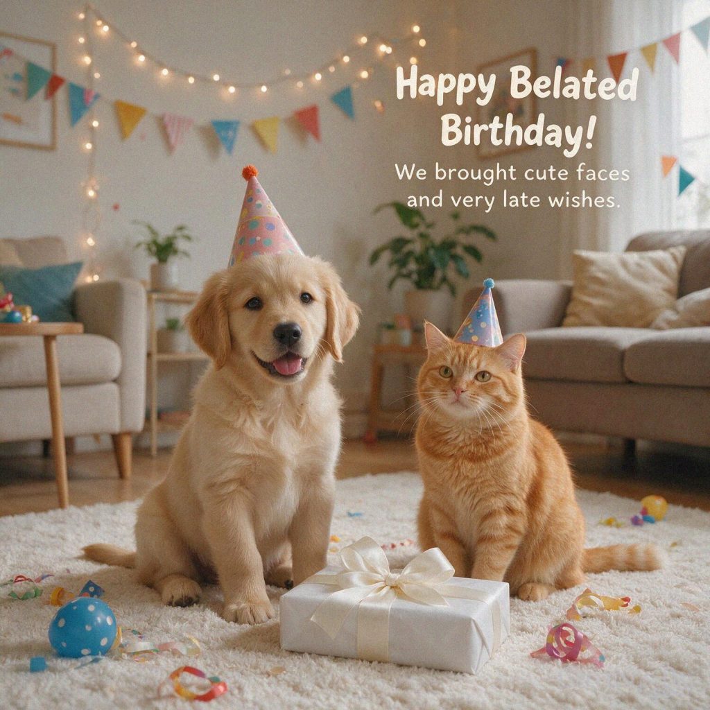 Cute Happy Belated Birthday image featuring “Happy Belated Birthday! We brought cute faces and very late wishes.” with the text 