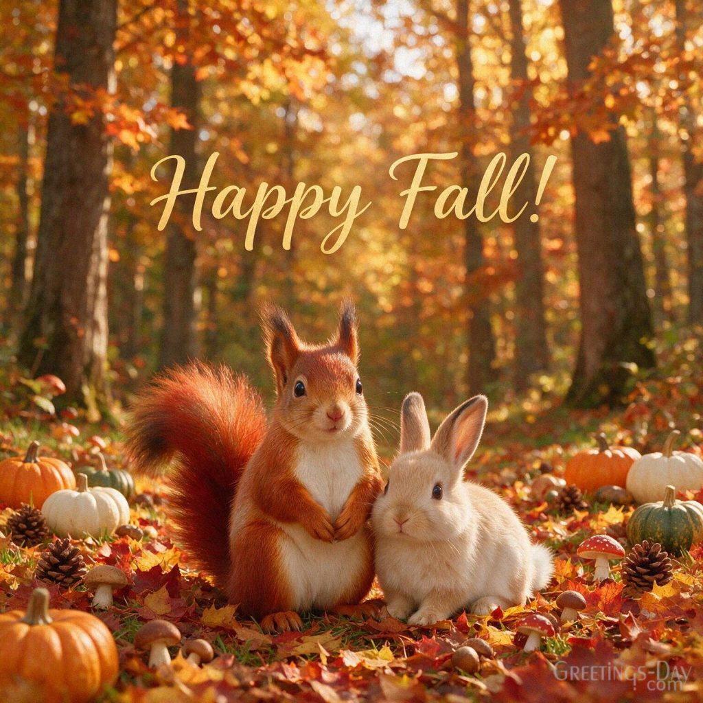 Cute Happy Fall image with an adorable red squirrel and fluffy rabbit surrounded by pumpkins