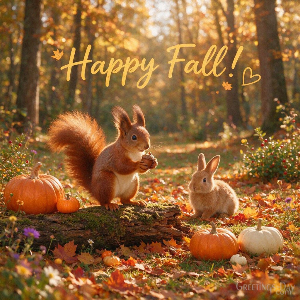 Cute Happy Fall greeting with an adorable squirrel and rabbit surrounded by pumpkins