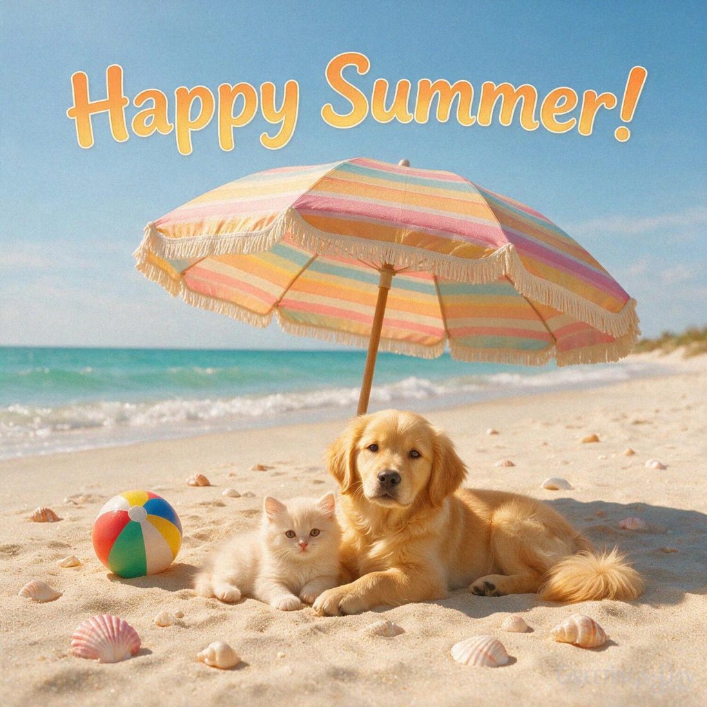 Cute Happy Summer greeting with a golden retriever puppy and fluffy kitten relaxing together on a sunny beach. with the text 