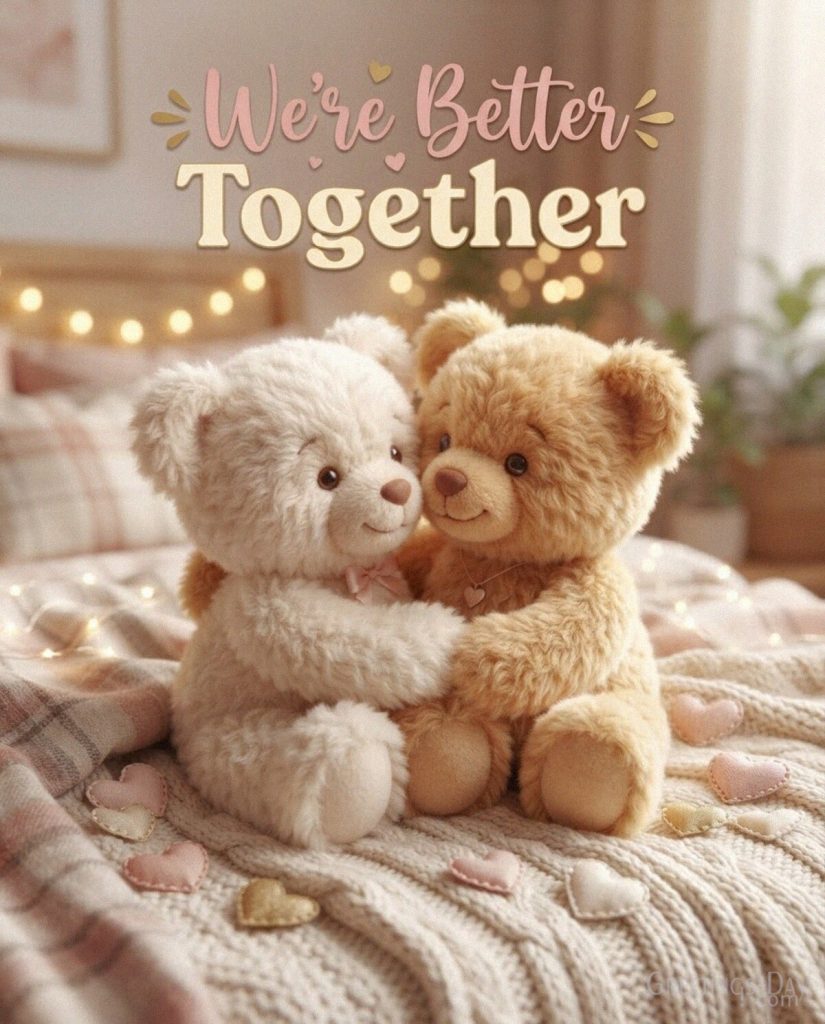 Cute love card with two cuddling teddy bears and the romantic message “We’re Better Together” with the text