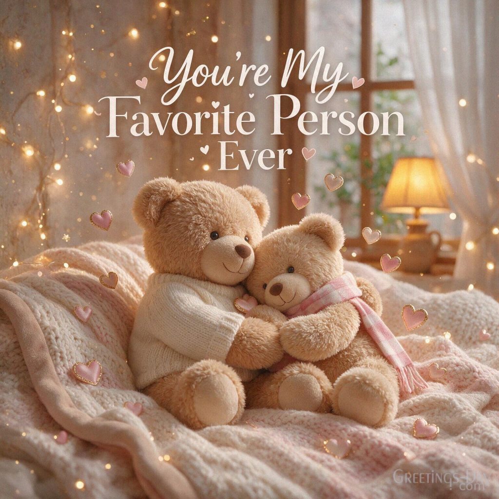 Cute romantic card with cuddling teddy bears and sweet message “You’re My Favorite Person Ever” with the text 