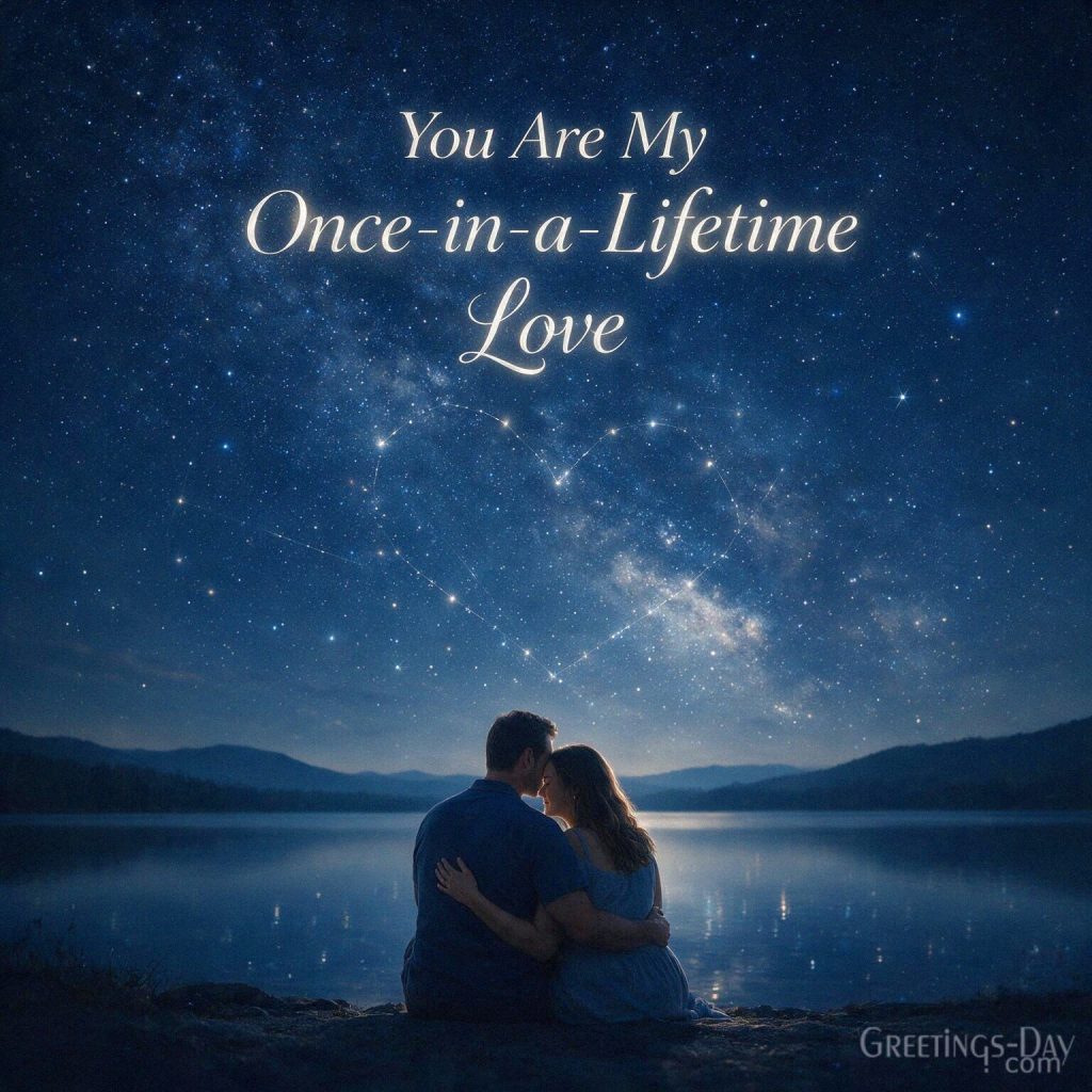 Deep romantic card with a couple under the stars and message “You Are My Once-in-a-Lifetime Love” with the text 