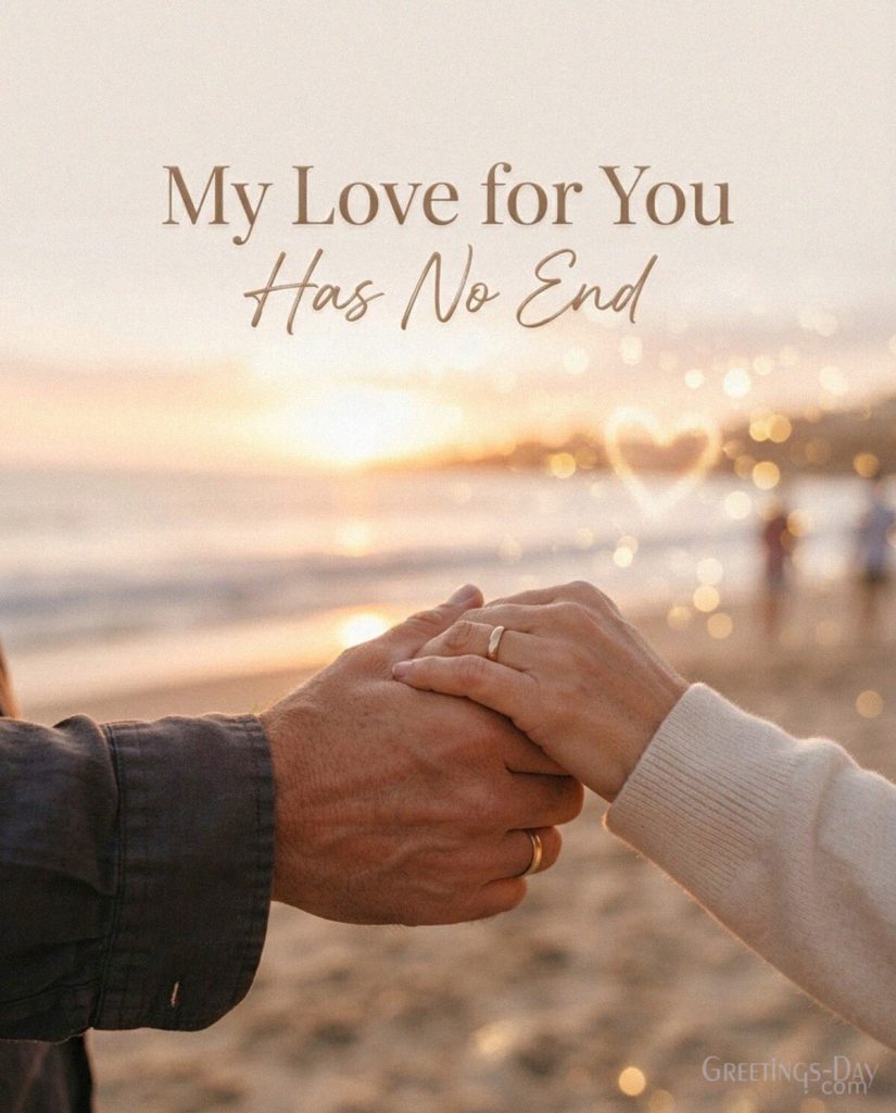 Deep romantic love message with hands gently holding and the words “My Love for You Has No End” with the text 