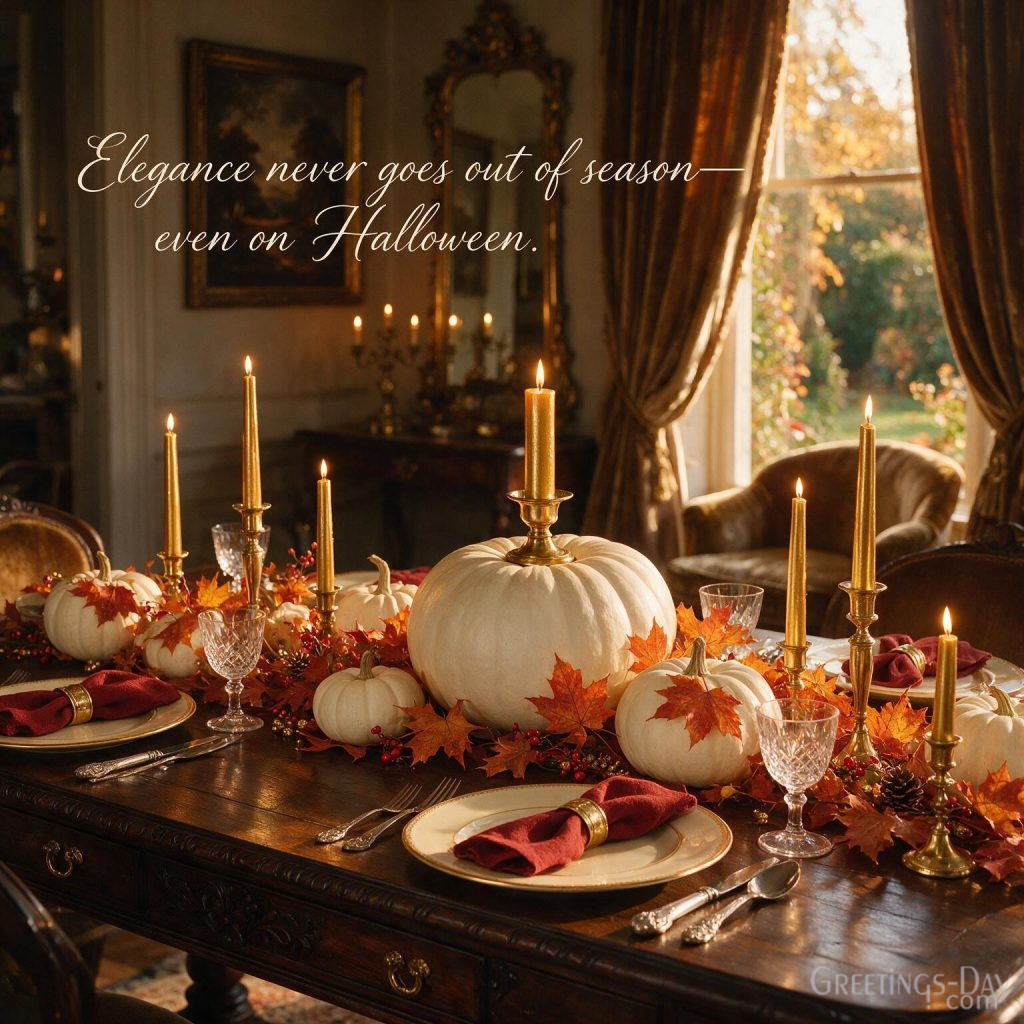 Elegant Halloween quotes image featuring white pumpkins, candles, maple leaves, and inspirational autumn quote