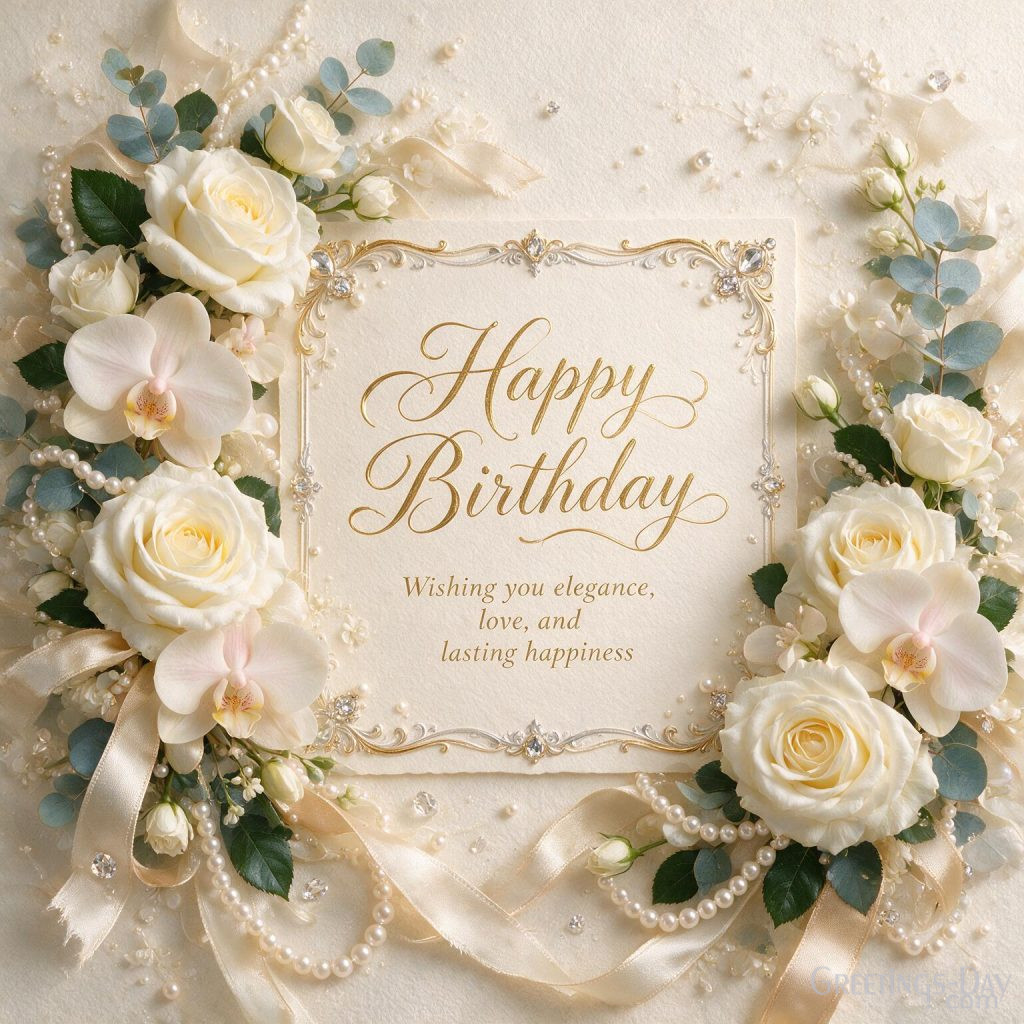 Elegant Happy Birthday image with white roses, orchids, pearls, and silk ribbons featuring 