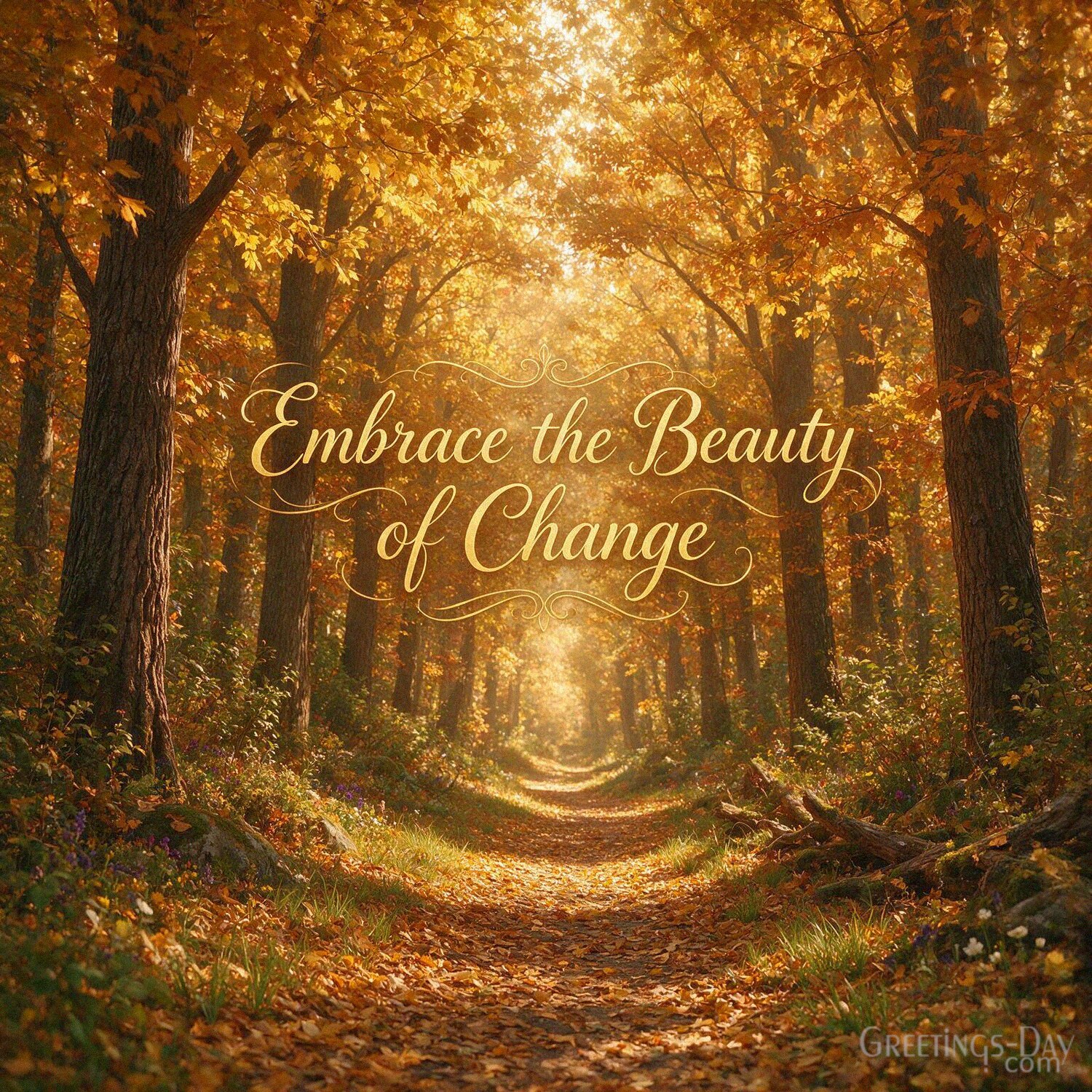 Inspirational fall image with a golden autumn forest path and falling leaves featuring “Embrace the Beauty of Change.” with the text "Embrace the Beauty of Change"