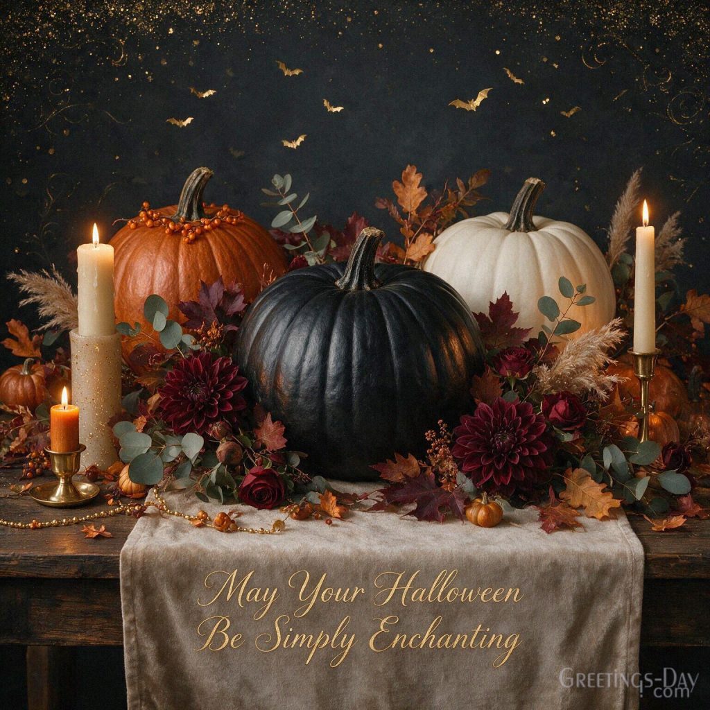 Elegant Halloween card for adults with black and ivory pumpkins