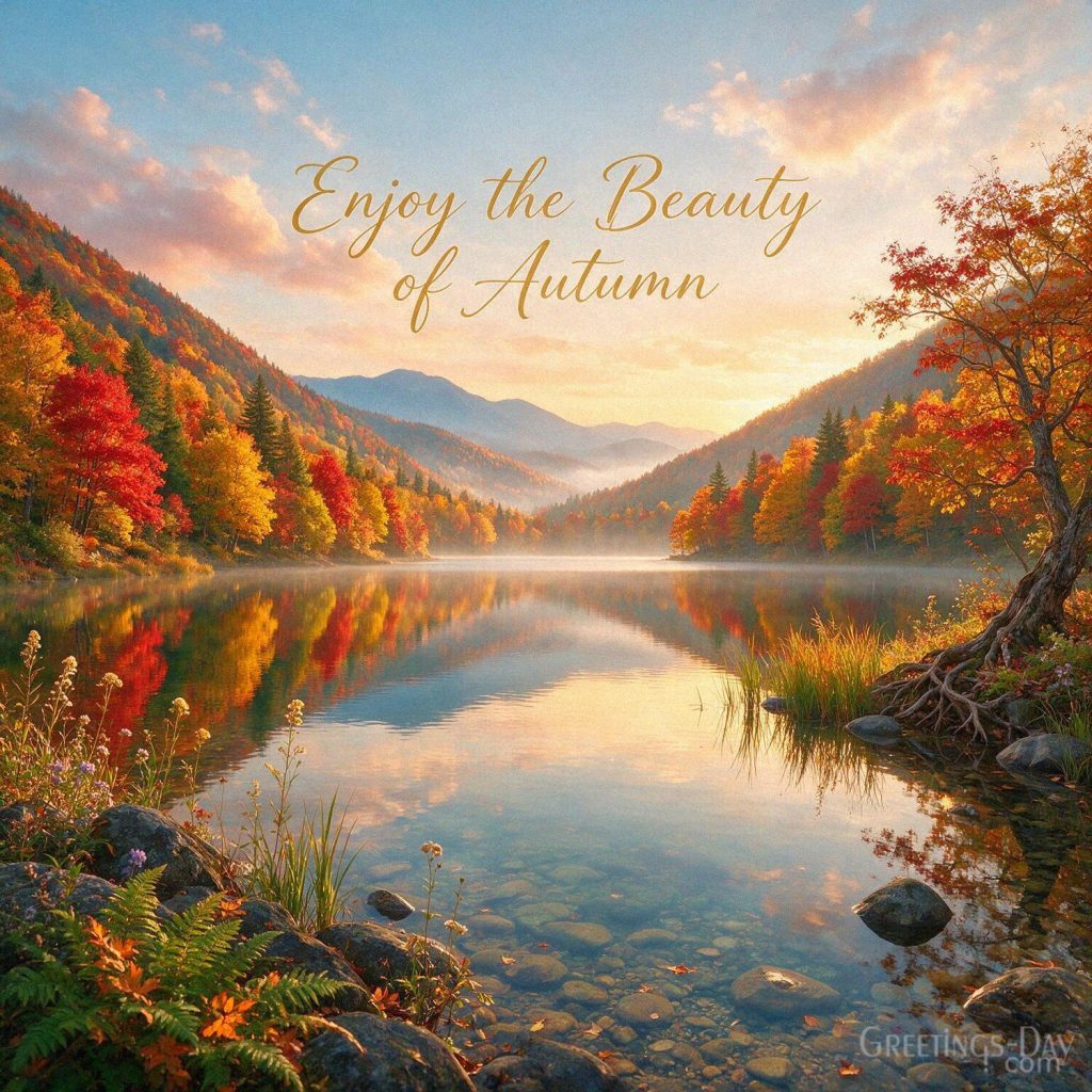 Scenic autumn image with vibrant fall trees reflected in a mountain lake and the message “Enjoy the Beauty of Autumn.” with the text 