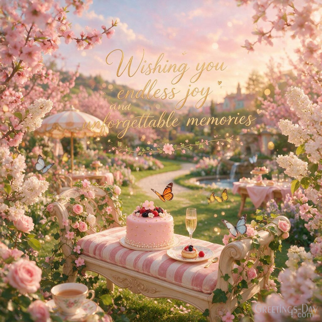 Beautiful Birthday picture with blooming garden and butterflies saying 