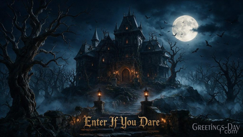 Enter If You Dare Halloween wallpaper featuring creepy mansion and foggy night landscape