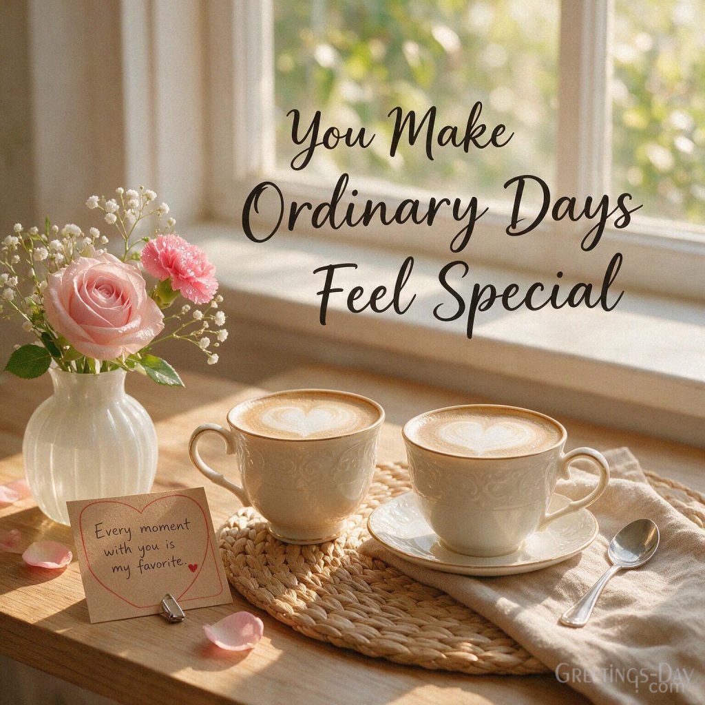 Everyday romantic card with two coffee cups and message “You Make Ordinary Days Feel Special” with the text 