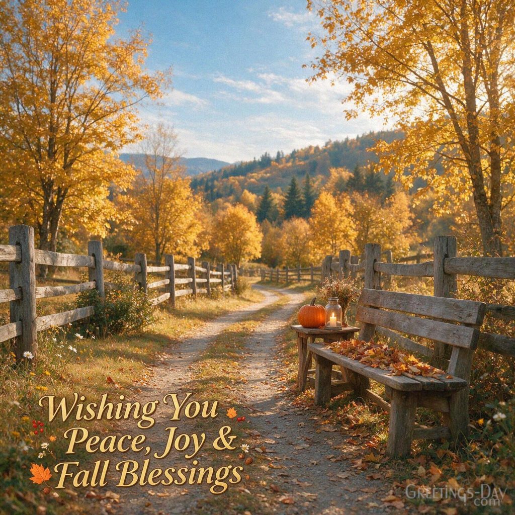 Inspirational fall greeting with golden autumn scenery and the message “Wishing You Peace
