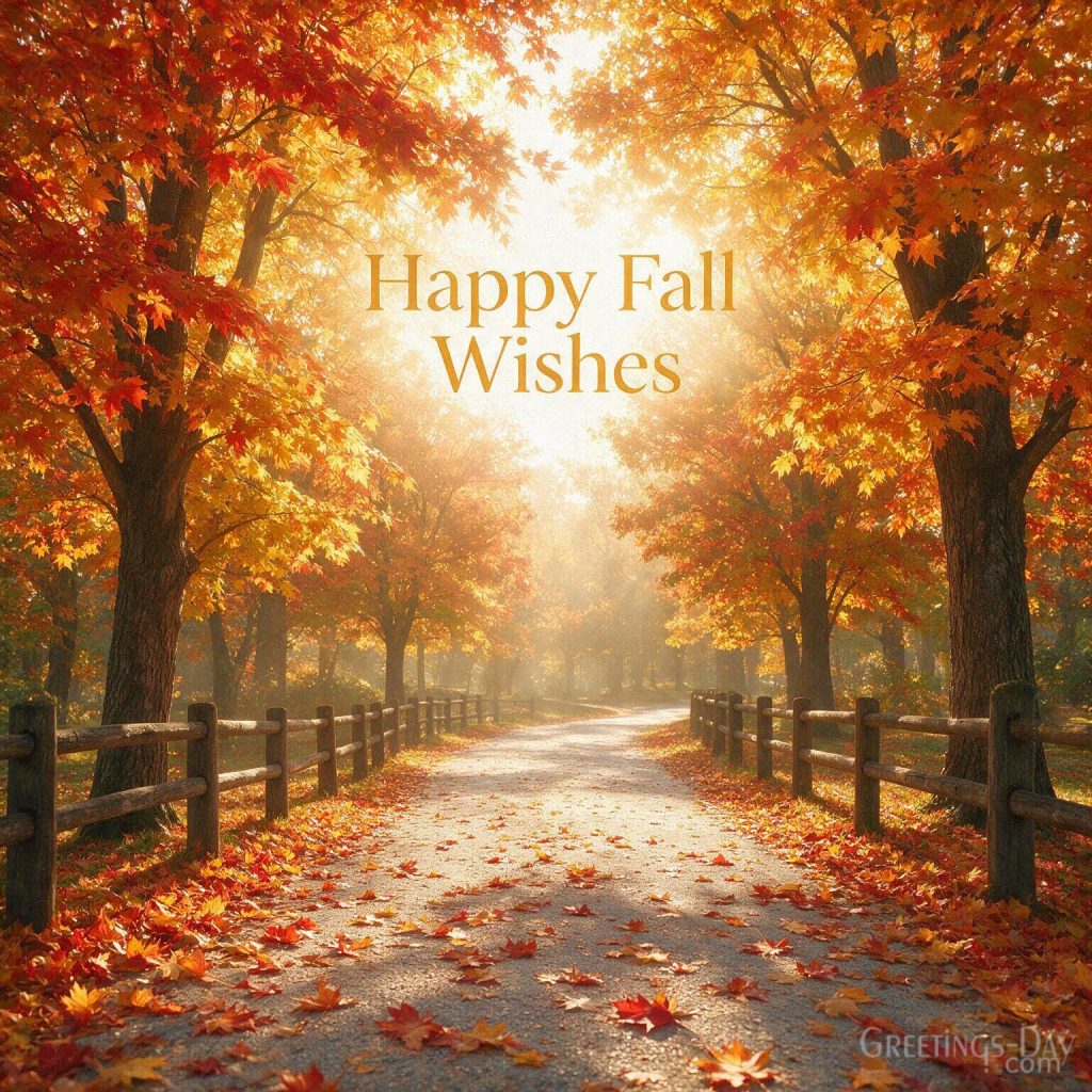 Happy fall greeting image with a scenic autumn path and vibrant leaves featuring “May Your Fall Be Filled with Happiness.” with the text 