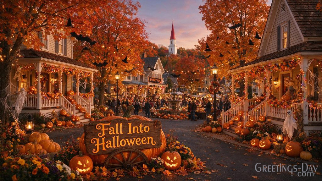 Fall Into Halloween wallpaper with charming Halloween town and autumn lights