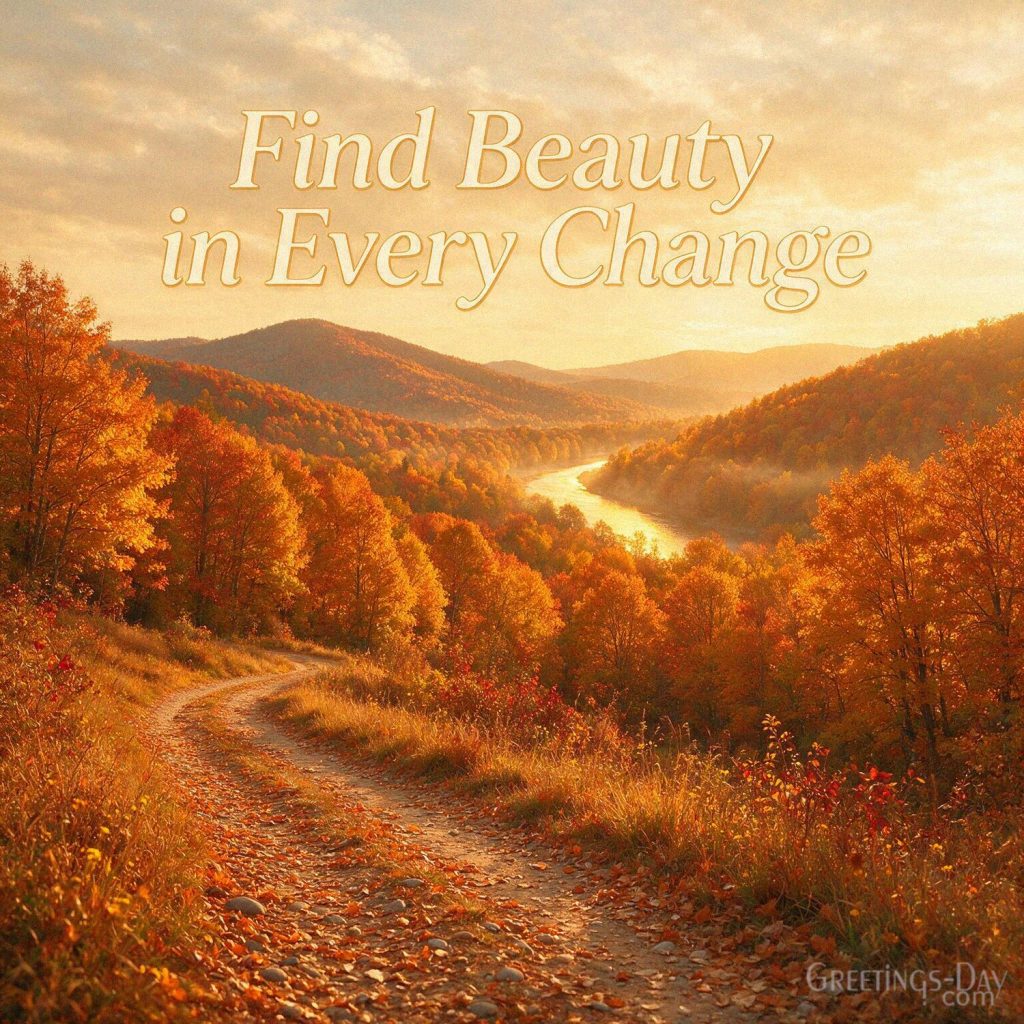 Inspirational fall quote image with a peaceful autumn forest and the message “Find Beauty in Every Change.” with the text