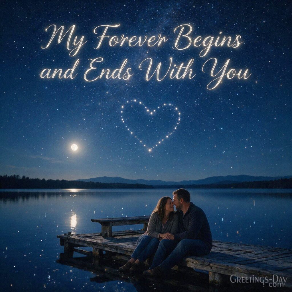 Forever love card with a romantic couple beneath the stars and “My Forever Begins and Ends With You” with the text 