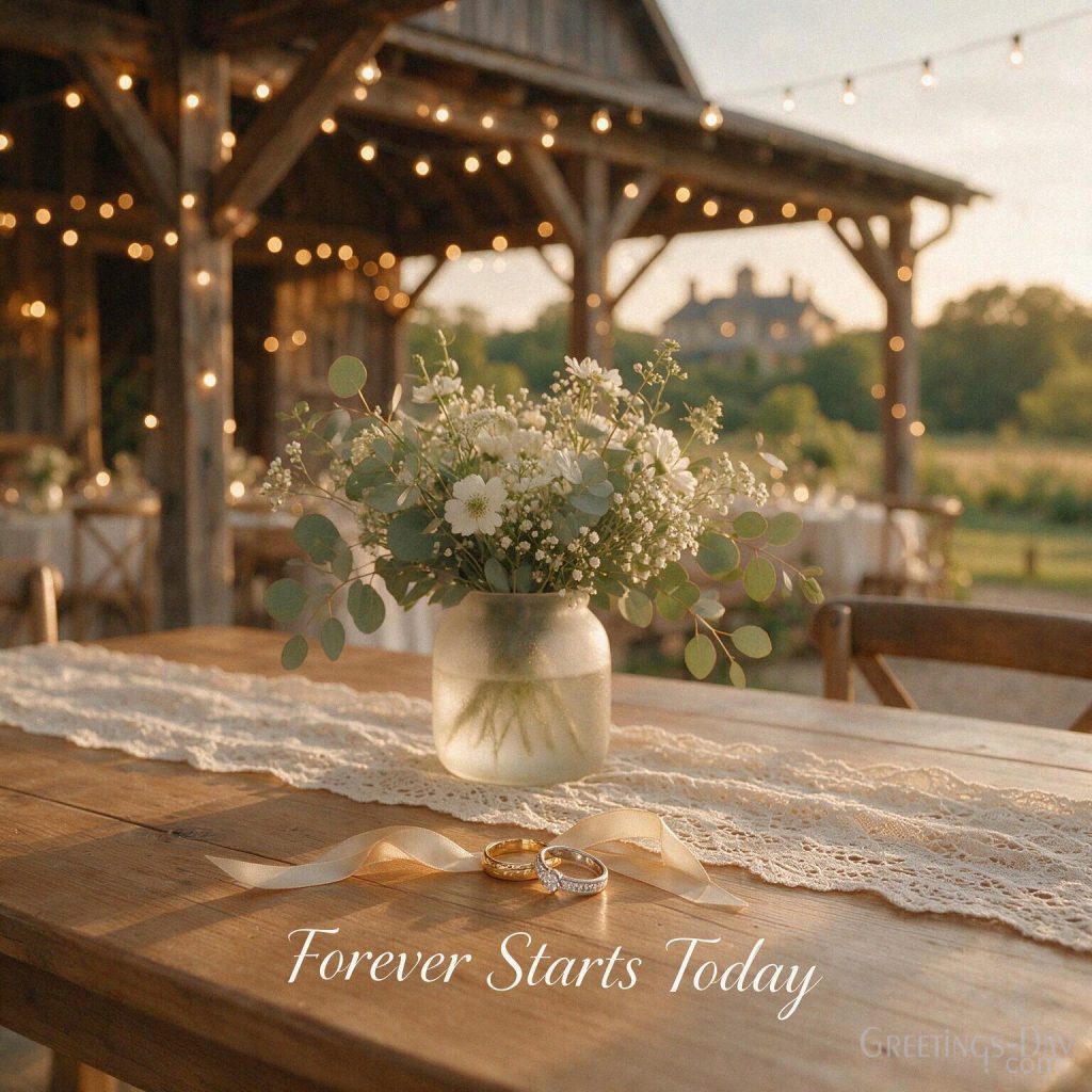 Romantic rustic wedding greeting card with rings and wildflowers saying “Forever Starts Today” with the text 