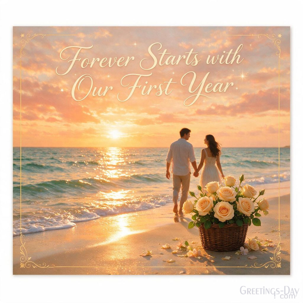 Beautiful Happy 1st Anniversary image with Forever Starts with Our First Year quote, heart bokeh, and romantic seaside scenery.