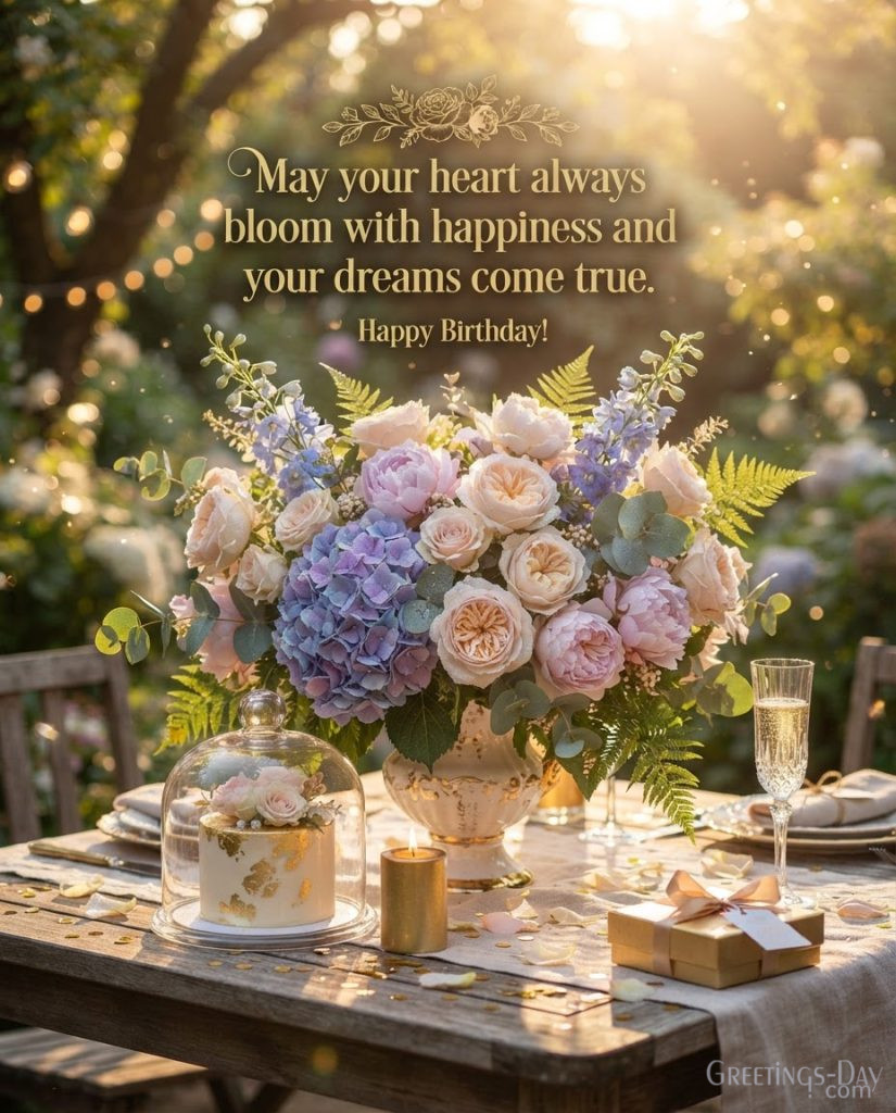 Free Happy Birthday image with elegant roses, peonies, and golden bokeh featuring the message 