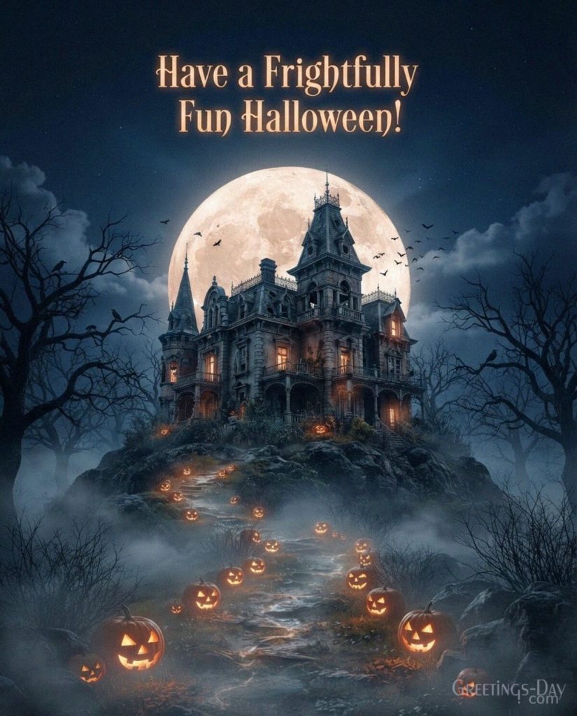 Spooky Halloween greeting card with a haunted mansion