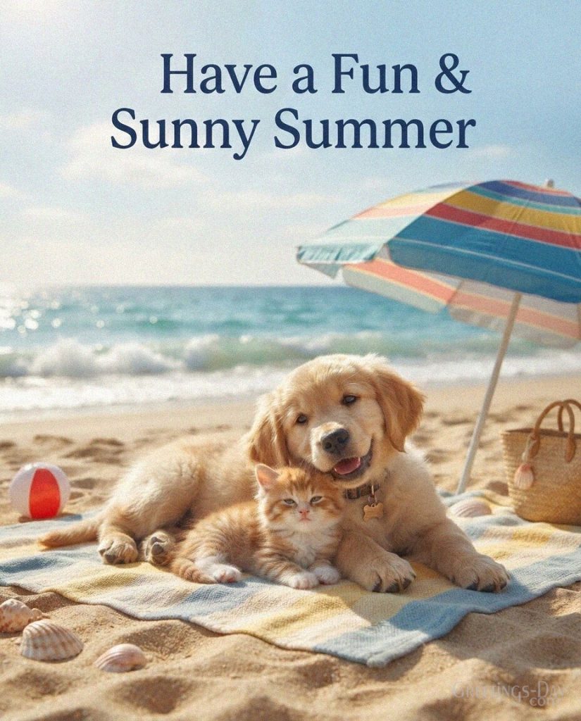 Cute summer greeting with a puppy and kitten on a tropical beach featuring the message “Have a Fun & Sunny Summer.” with the text 