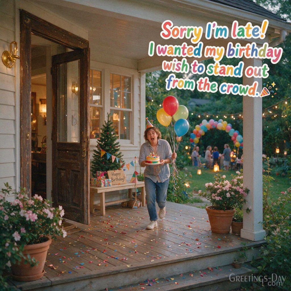 Funny Belated Birthday Wishes image featuring “Sorry I'm late! I wanted my birthday wish to stand out from the crowd.” with the text 