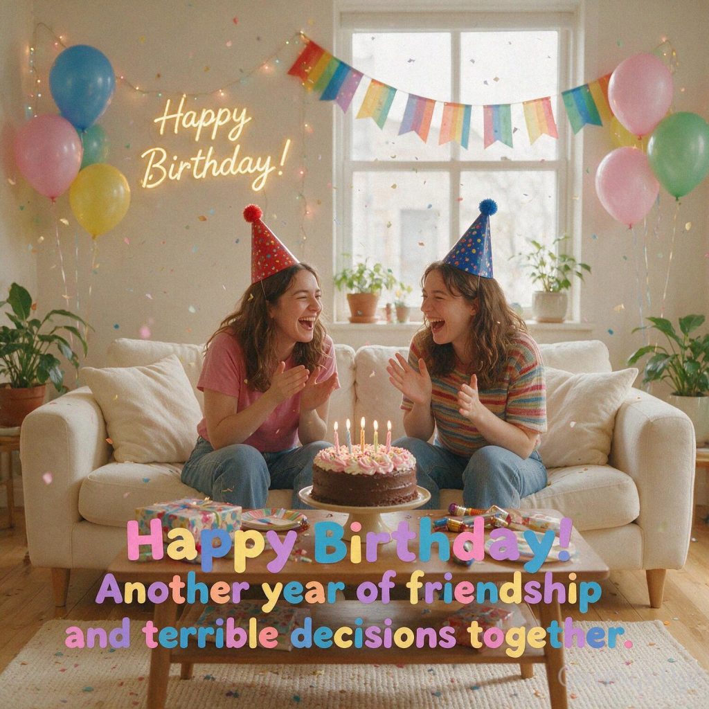 Funny Birthday message for best friend with a cheerful party scene featuring “Happy Birthday! Another year of friendship and terrible decisions together.” with the text 