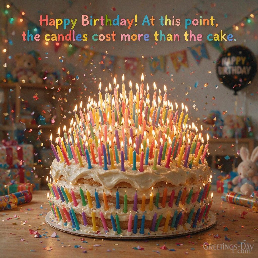 Funny Birthday image with an overloaded candle-covered cake