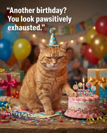 Funny Birthday Cat – Pawsitively Exhausted