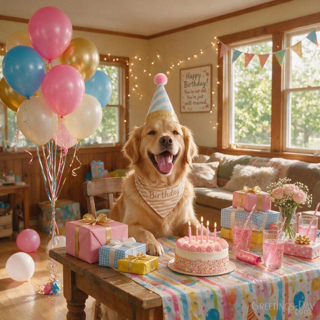Funny Birthday dog image with a golden retriever wearing birthday glasses and a party hat featuring “Happy Birthday! You're not old. You're just well-trained.” with the text 