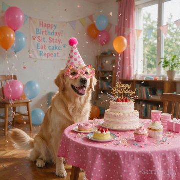 Funny Birthday Dog – Sit, Stay, Eat Cake, Repeat
