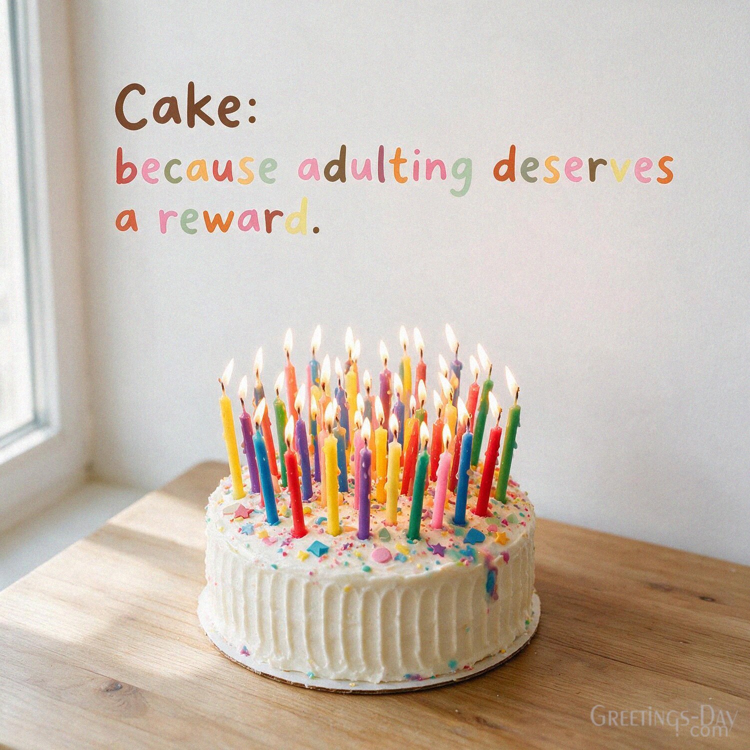 Funny Birthday meme with a small cake and confetti saying “Cake: because adulting deserves a reward.” with the text "Cake: because adulting deserves a reward."