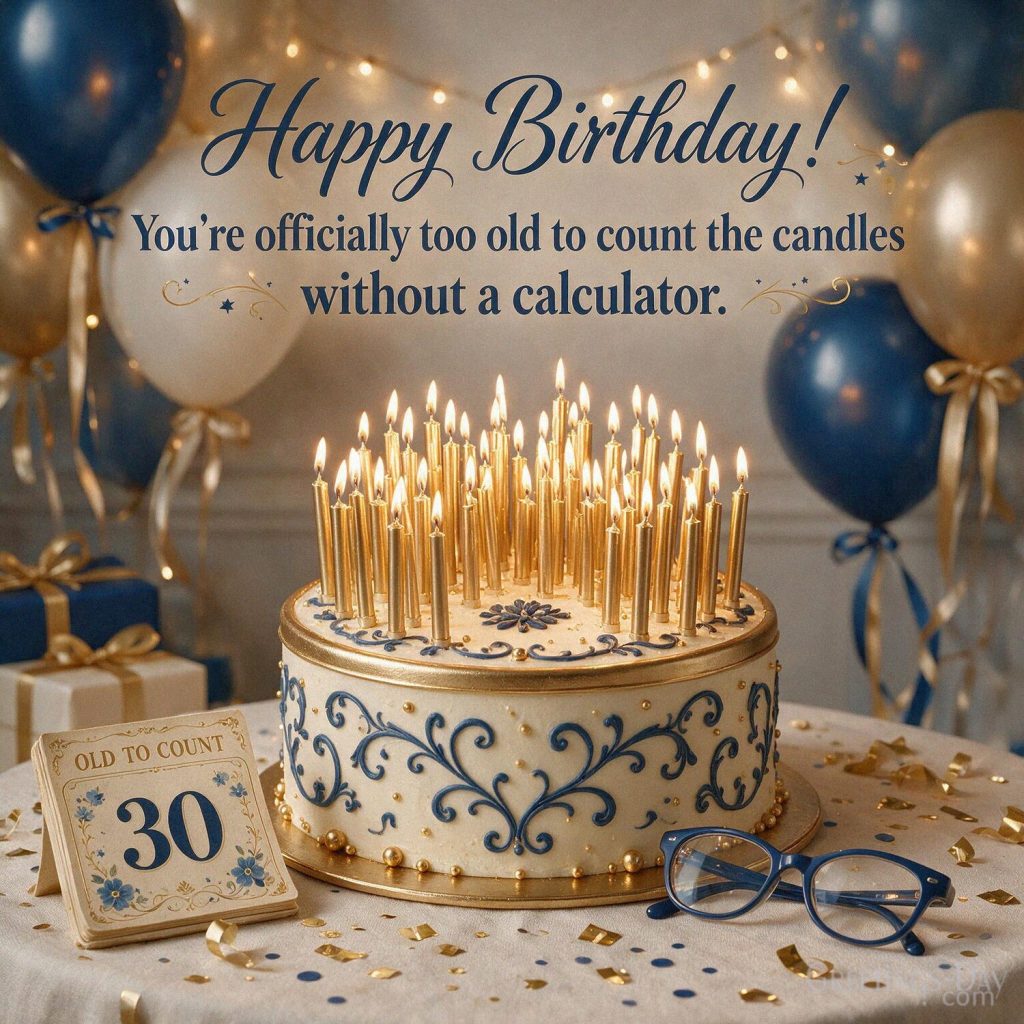 Hilarious Birthday image about getting older with too many candles saying “Happy Birthday! You're officially too old to count the candles without a calculator.” with the text 