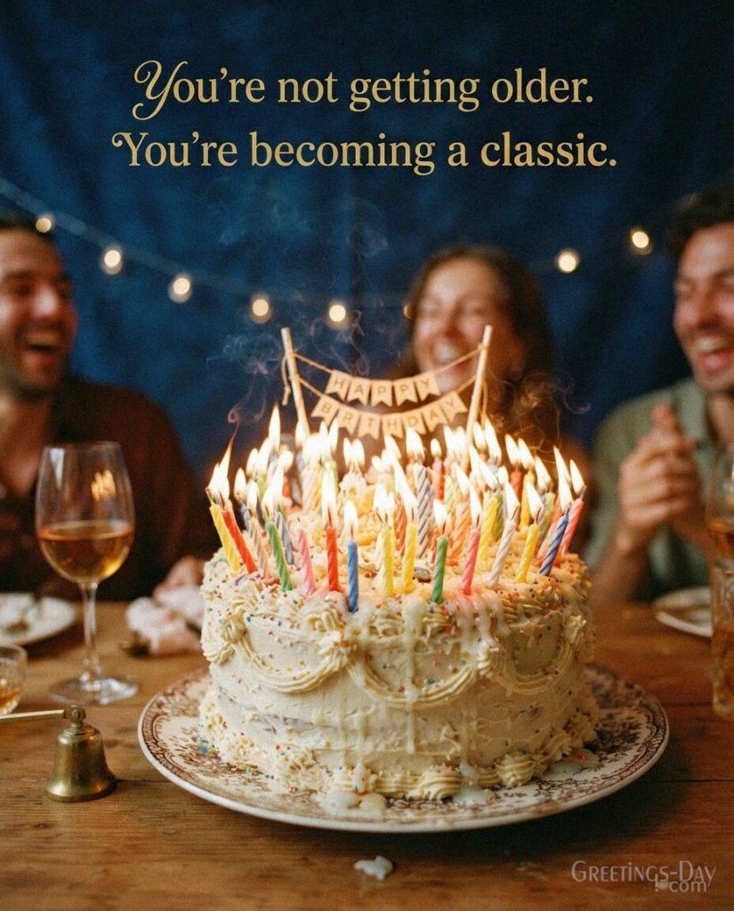 Funny Birthday Wishes about age with an elegant cake and vintage decorations featuring “You're not getting older. You're becoming a classic.” with the text 