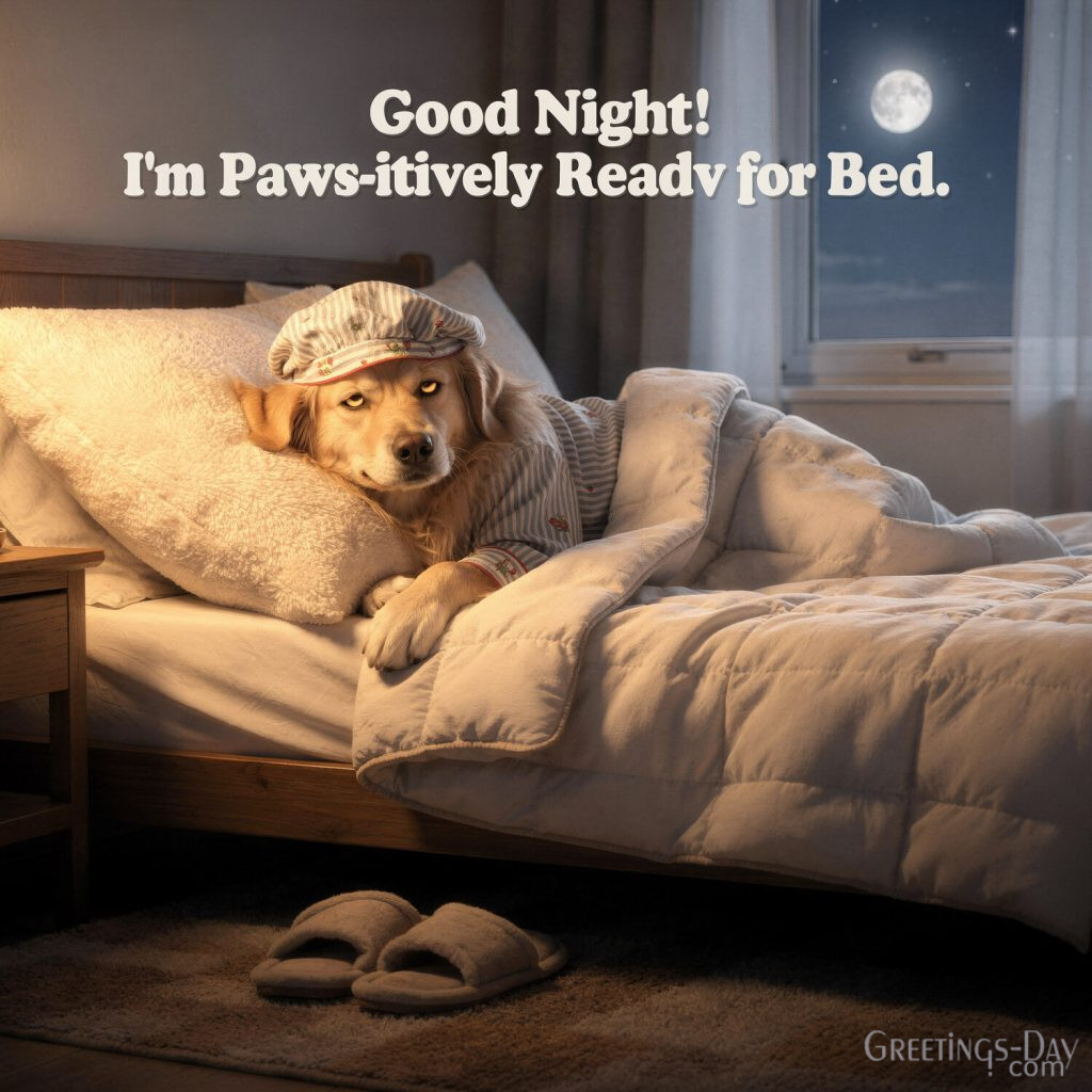 cute-funny-good-night-dog-pawsitively-ready-bed with the text
